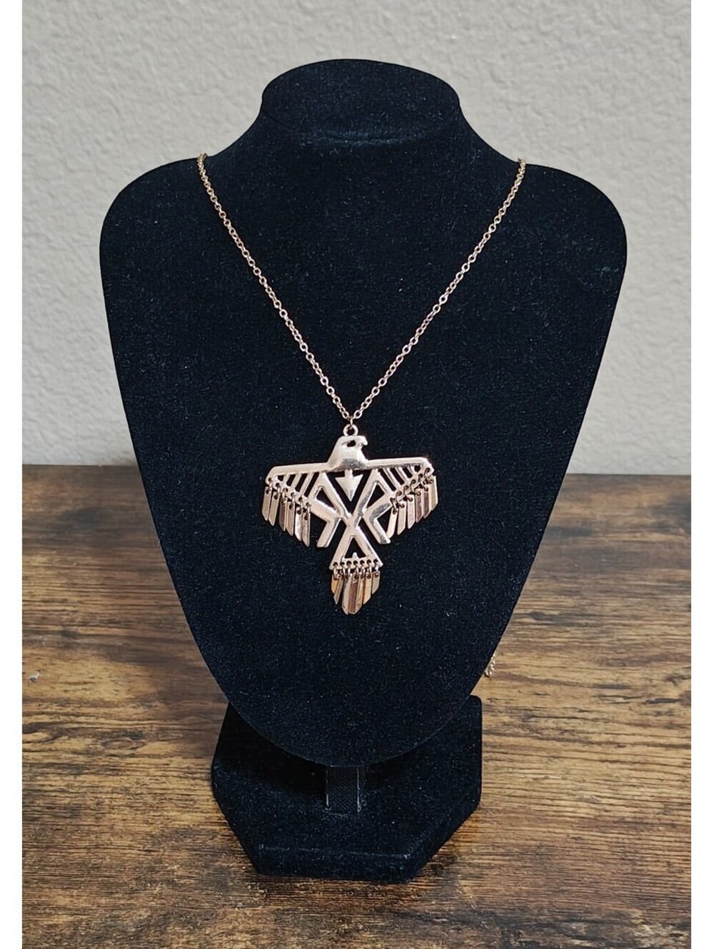 1980s Native American Inspired Geometric Thunderbird Gold Tone Pendant Necklace